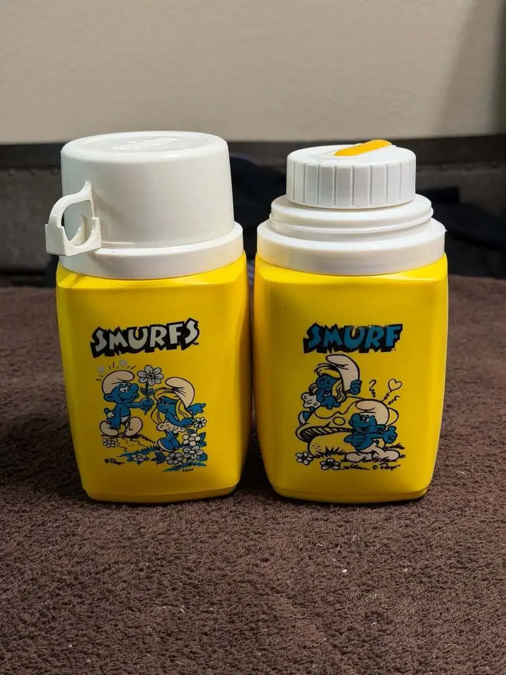 Set of 2 Vintage 1980s The Smurfs Plastic Thermos Bottles King-Seeley